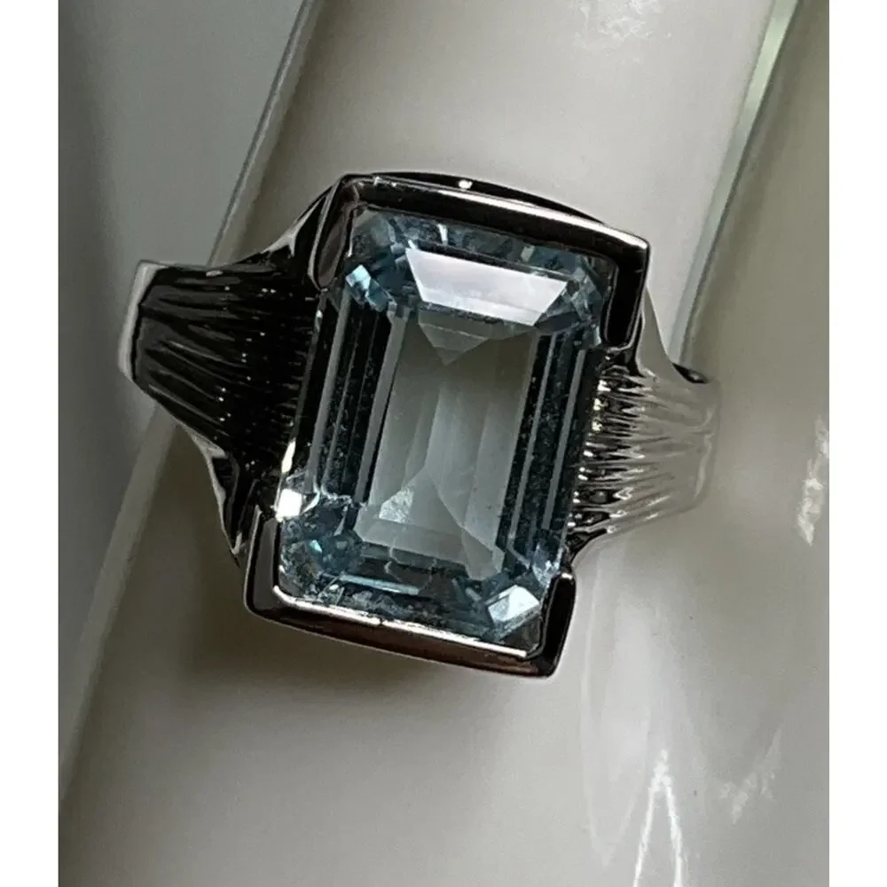 Vintage Sterling Silver Emerald Cut Blue Topaz Ring Statement Gemstone Sz 12.5